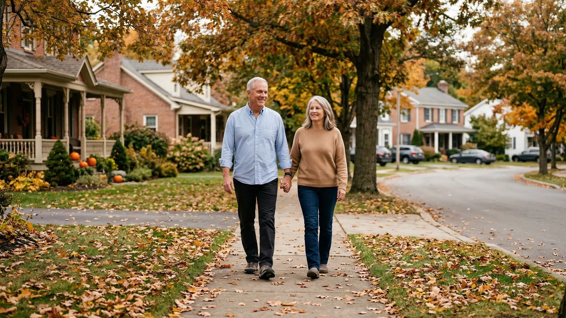 Older couple walking together through their neighborhood